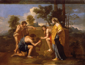 尼古拉斯·普桑 (Nicolas Poussin，1594-1665) 《阿卡迪亚的牧羊人》，也被称为“阿卡迪亚自我中的 Et” 布面油画。高：0.850m；L.：1,210 m 巴黎，卢浮宫博物馆 